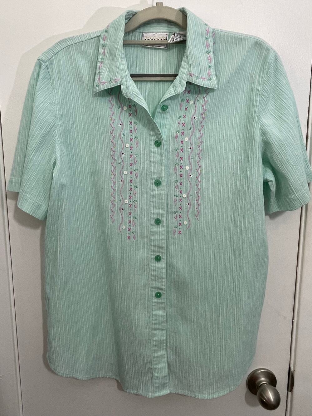 Vintage Napa Valley Shirt Medium Aqua Striped Embroidered Grandma Core